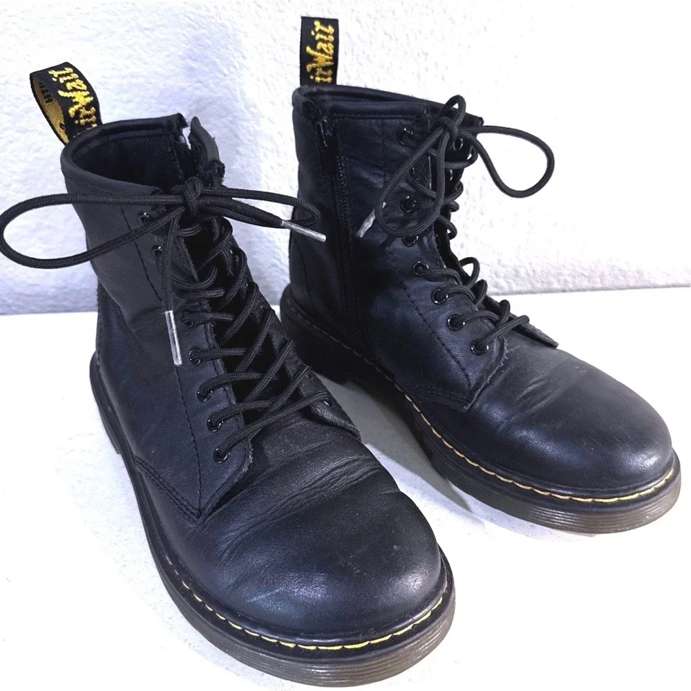 Dr. Doc Martens Air Wair 1460 J SZ 3 Black Combat Lace Up Boots Boys Girls $80